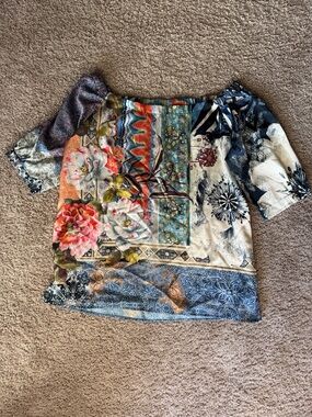 Chico's Multicolor Floral Patchwork Off-Shoulder Tunic